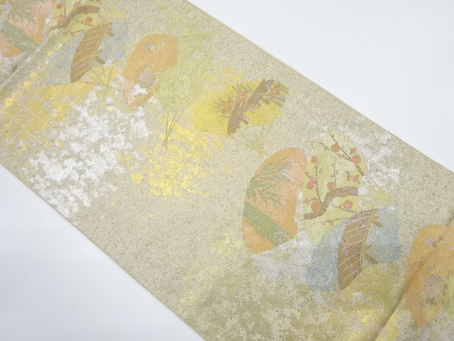 アンティーク　引箔地紙に四季草花模様織出し袋帯（材料）